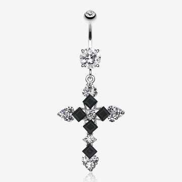 Princess Cut Cross Sparkle Belly Ring-Black/Clear Gem